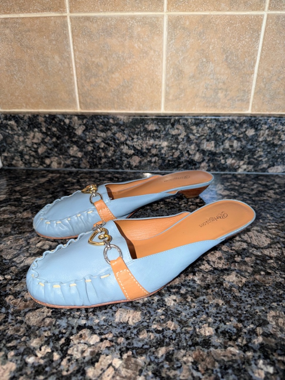 Brighton Light Blue Leather Slip-On Mules with Tan Strap